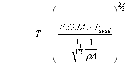T = [F.O.M. * Pavail / sqrt(1/2 * 1/ρA)]^(2/3)